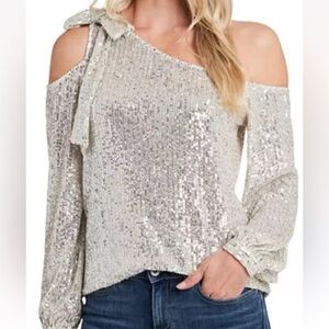 CeCe Silver Sequin Cold Shoulder Blouse